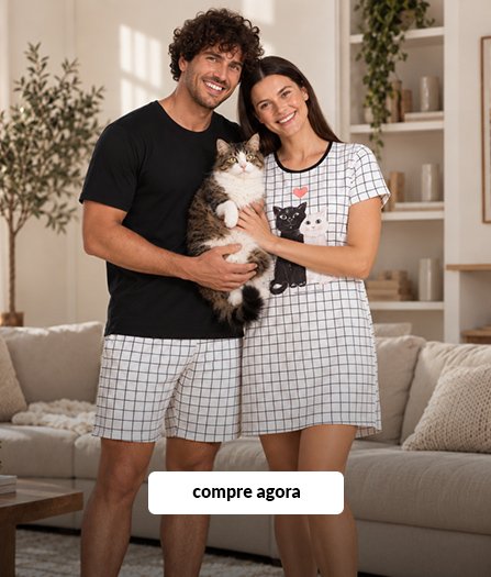 pijama e camisola casal gatos xadrez